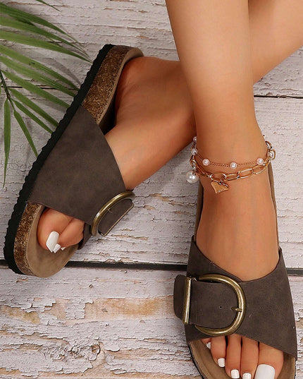 Coffee Buckle Decor Faux Suede Thick Sole Slippers