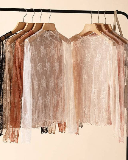 Semi Sheer Mesh Floral Lace Layering See Through Top
