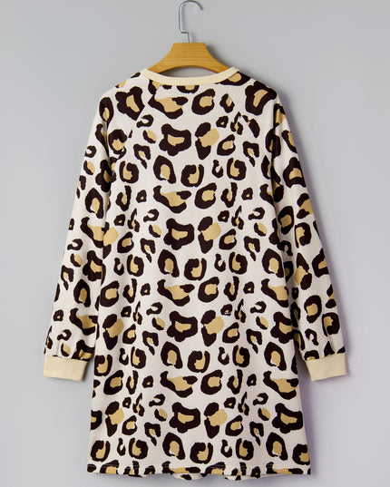 Khaki Leopard Long Sleeve Shift T Shirt Dress with Pockets