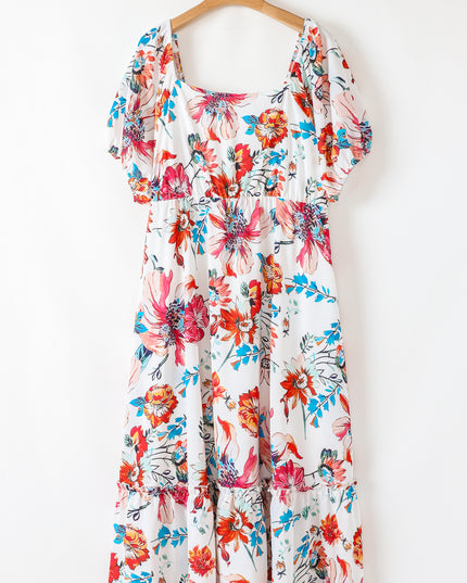 White Floral Square Neck Puff Sleeve Flowy Plus Size Midi Dress