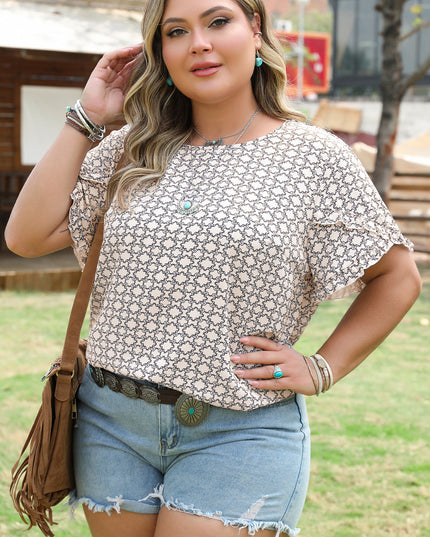 Khaki Plus Size Geometric Print Ruffled Sleeve Blouse