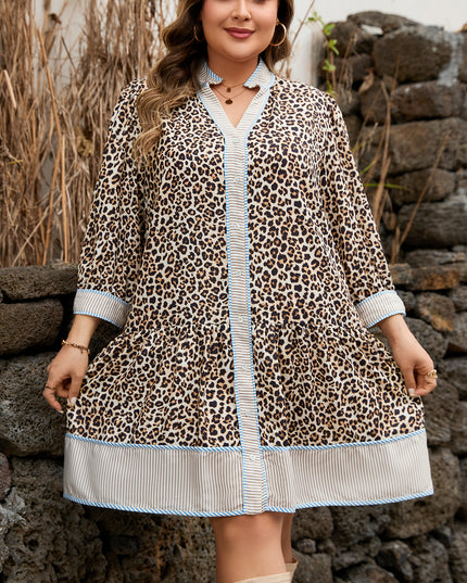 Khaki Plus Size Leopard Print Striped Trim V Neck Drop Waist Long Sleeve Mini Dress