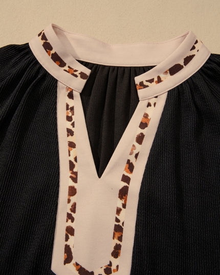 Black Contrast Color Block Leopard Trim Plus Size Ribbed Dress