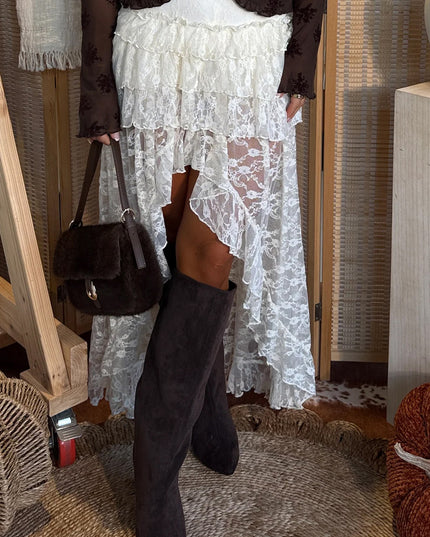 White Sheer Lace Frilly Ruffles High Low Long Skirt