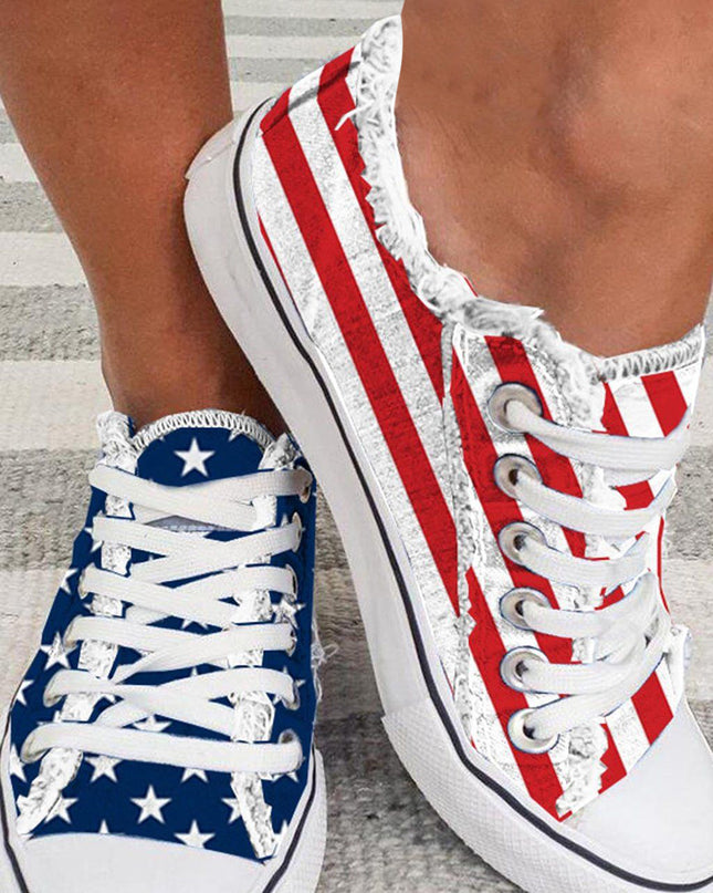 Blue American Flag Lace-up Canvas Flat Shoes