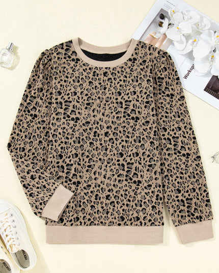 Khaki Leopard Textured Ribbed Trim Plus Size Long Sleeve Top