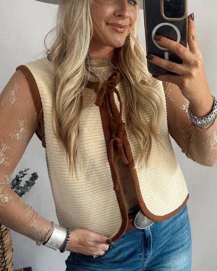 White Horizontal Ribbed Knit Contrast Trim Ties Front Sweater Vest