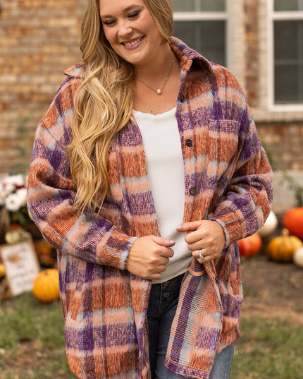 Multicolour Plus Size Plaid Print Collared Button up Jacket