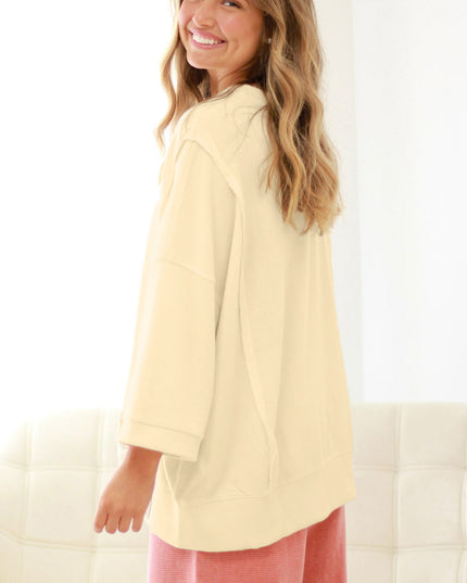 Beige Plus Size Raw Seam Detail Floral Bow Patched Baggy Pullover