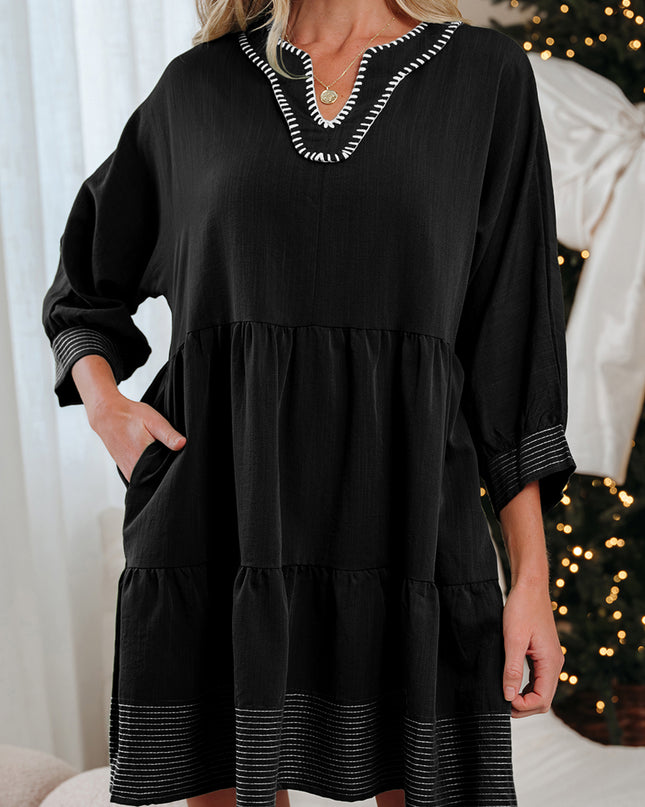 Black Contrast Stitched V Neck 3/4 Sleeve Tiered Mini Dress