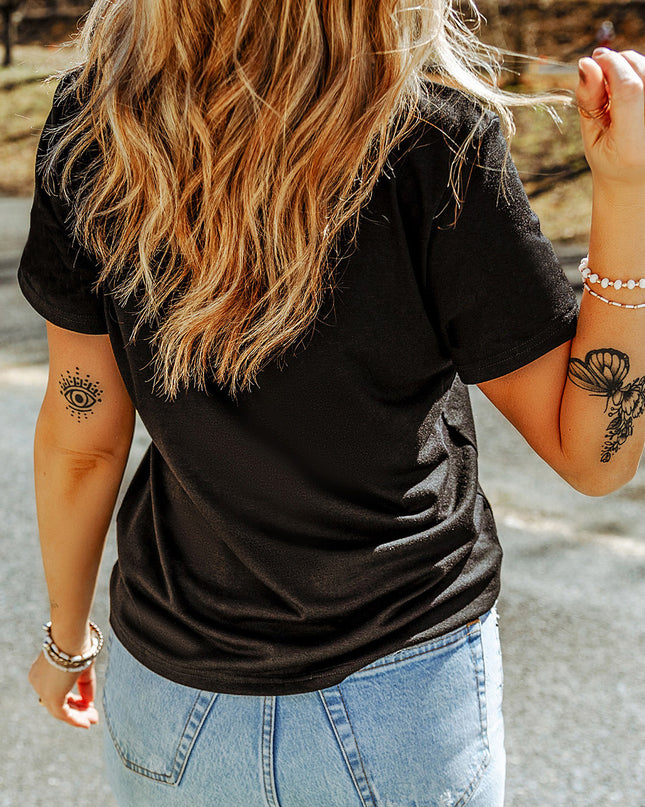 Black Rhinestone Western Pattern Cotton Blend Graphic T Shirt
