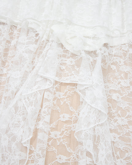 White Sheer Lace Frilly Ruffles High Low Long Skirt