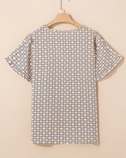 Khaki Plus Size Geometric Print Ruffled Sleeve Blouse