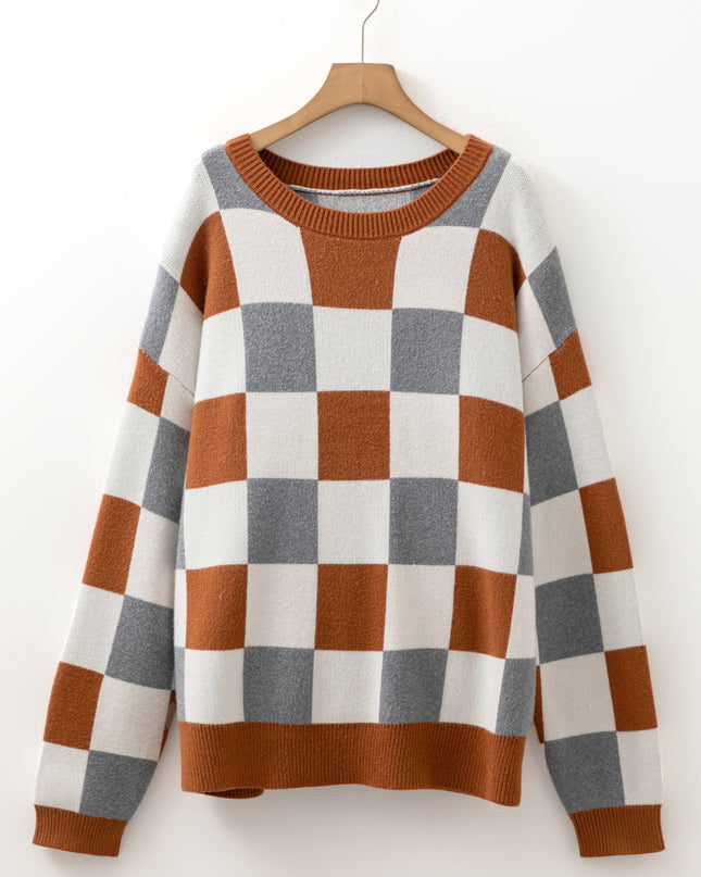 Brown Plus Size Checkered Crewneck Sweater