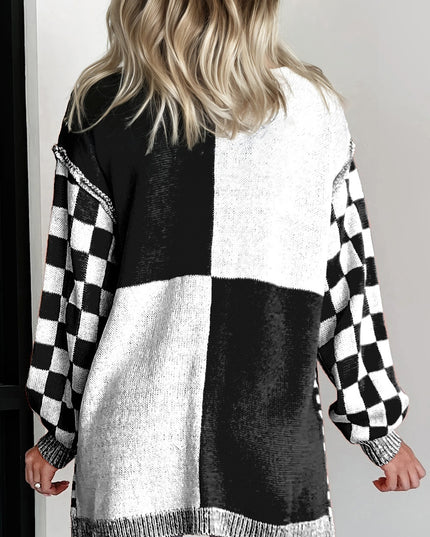 Orange Plus Size Checkered Bubble Sleeve Drop Shoulder Open Cardigan