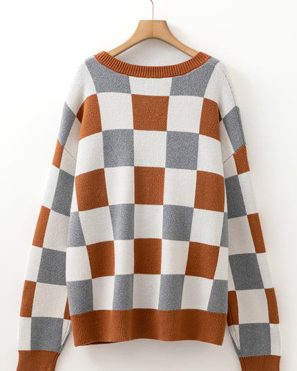 Brown Plus Size Checkered Crewneck Sweater