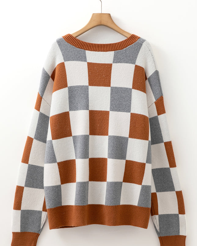 Brown Plus Size Checkered Crewneck Sweater