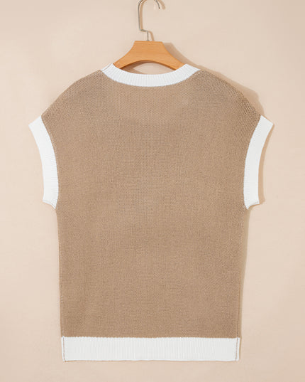 Goat Horse Shoe Pattern Contrast Trim Short Sleeve Sweater