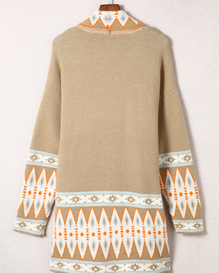 Khaki Aztec Print Open Front Knitted Cardigan