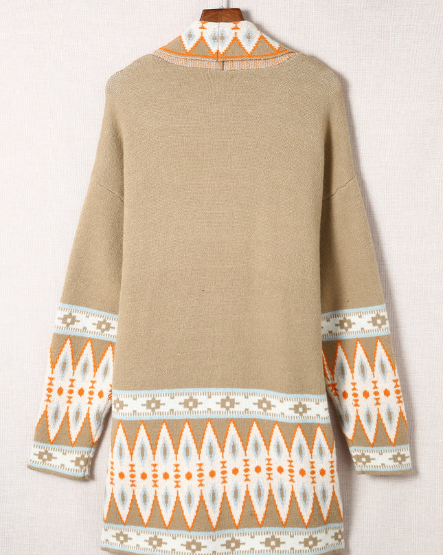 Khaki Aztec Print Open Front Knitted Cardigan