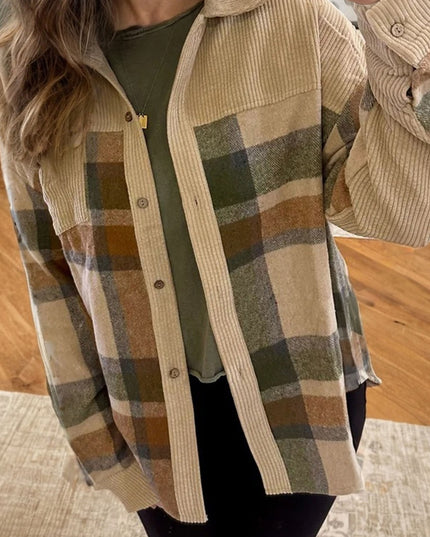 Parchment Retro Plaid Corduroy Patchwork Shacket