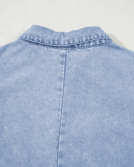 Beau Blue Double Ruffled Sleeves Buttoned A-line Collared Mini Denim Dress