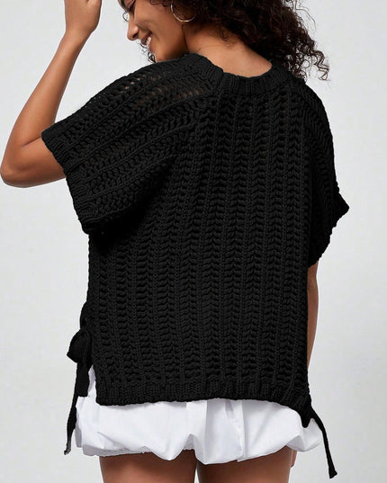 Pink Plus Size Open Knit Bow Tie Short Sleeve Sweater
