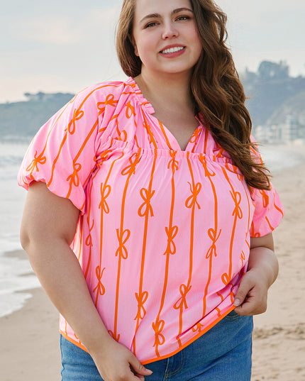 Rose Bowknot Print Shirred V Neck Puff Sleeve Plus Size Blouse
