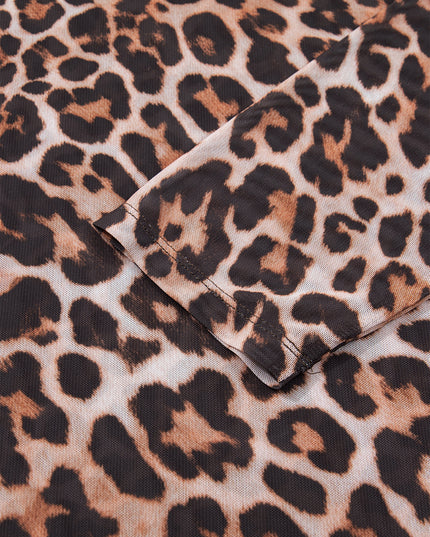 Brown Plus Size Mock Neck Leopard Mesh Top