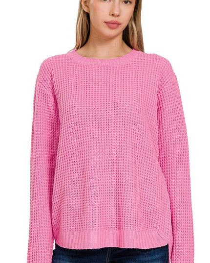 Hi Low Long Sleeve Round Neck Waffle Sweater Zenana