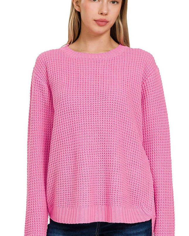 Hi Low Long Sleeve Round Neck Waffle Sweater Zenana