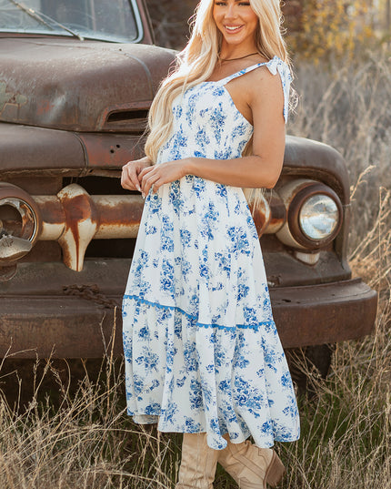 Sky Blue Floral Print Shirred Knot Shoulder Sleeveless Long Dress