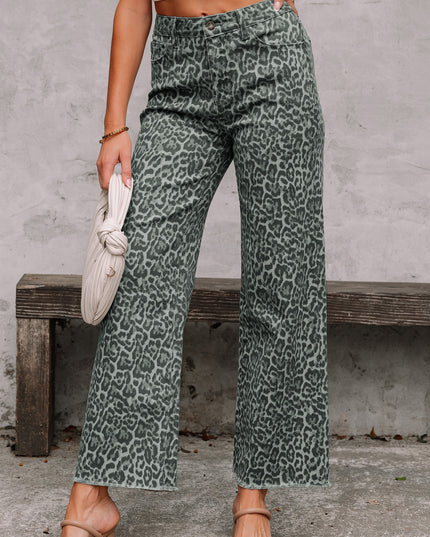 Rose Leopard Frayed Edge Wide Leg High Waist Jeans