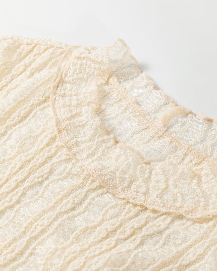 Light Pink Flounced Long Sleeve Mock Neck Sheer Lace Top