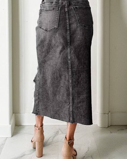Dearlove Myosotis Irregular Distressed Bottom Denim Midi Skirt