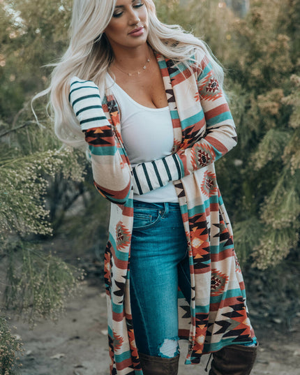 Multicolor Geometric Color Block Open Front Long Cardigan