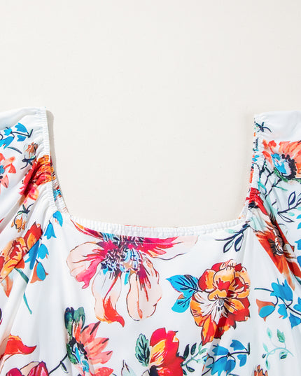 White Floral Square Neck Puff Sleeve Flowy Plus Size Midi Dress