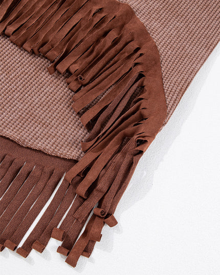 Coffee Waffle Knit Fringed High Low Loose Top