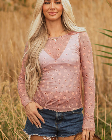 Pink Vintage Floral Print Southern Style Mesh Long Sleeve Top