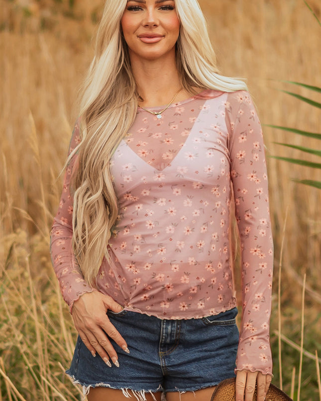 Pink Vintage Floral Print Southern Style Mesh Long Sleeve Top