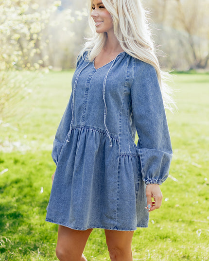 Myosotis Puff Sleeve V Neck Ruffled Loose Denim Mini Dress