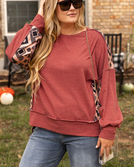 Redwood Burl Aztec Patchwork Drop Shoulder Plus Size High Low Sweatshirt