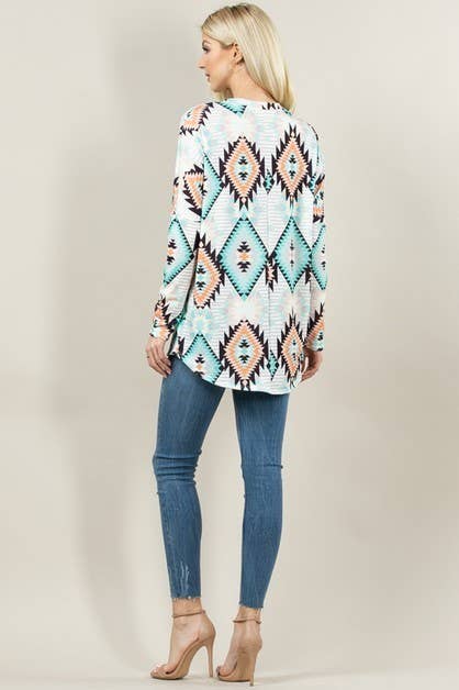 KC010-TORI AZTEC PRINT DOLMAN SLEEVE TUNIC