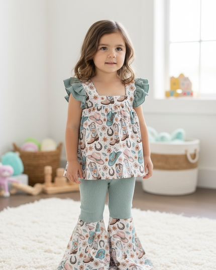 Western printed on dusty green 2 piece set. OFG60999 SOL