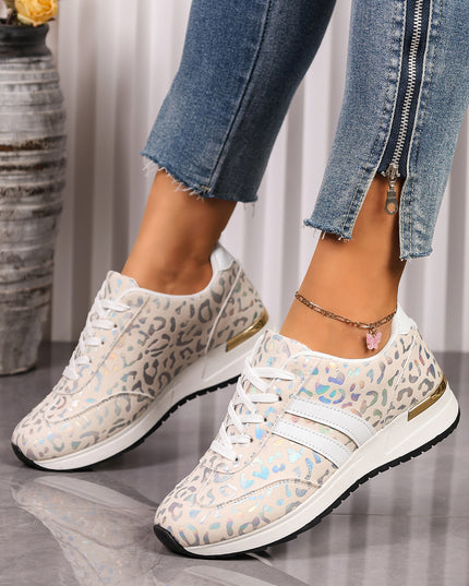 White Leopard Print Lace-Up Low-Top Sneakers with Rubber Sole