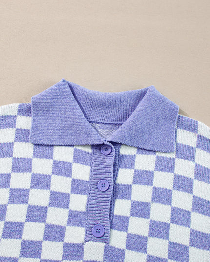 Purple Checkered Collared Buttons Plus Size Sweater