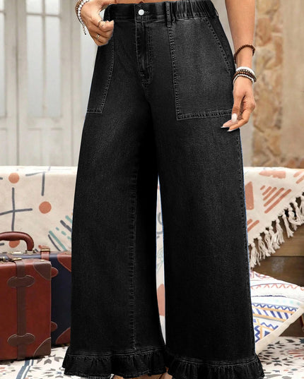 Ashleigh Blue Plus Size Elastic Waist Ruffled Wide Leg Denim Pants