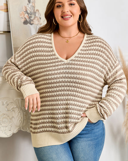 Khaki Stripe Plus Size V Neck Drop Shoulder Sweater