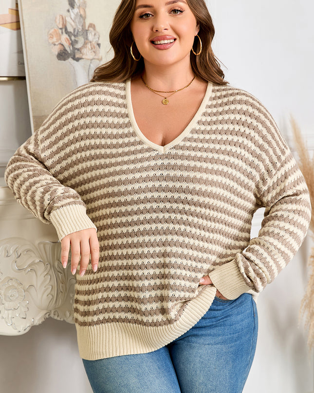 Khaki Stripe Plus Size V Neck Drop Shoulder Sweater