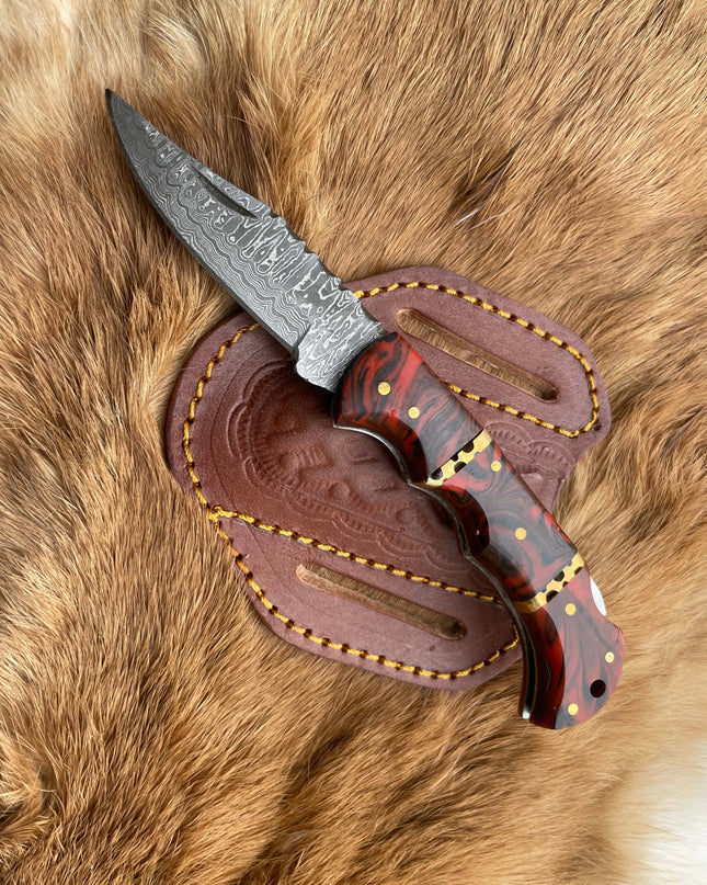 POCKET KNIFE RED RESIN WOOD 6.5'' DAMASCUS STEEL KNIFE STEEL
